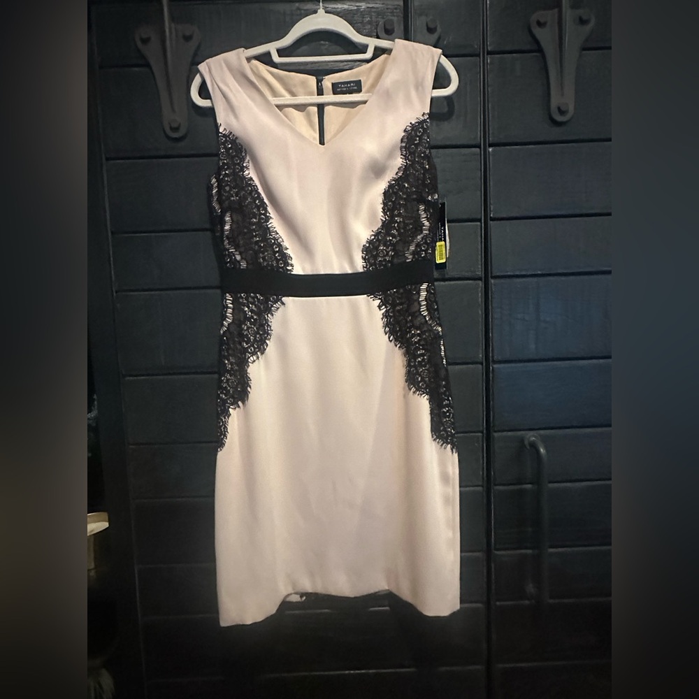 TAHARI Chic Cream/Blush and Black Lace Midi Dress